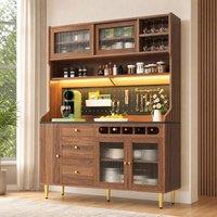 STILVORA Tall Cabinet with LED Lights & Sliding Glass Doors in Brown