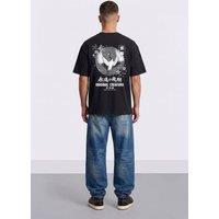 LONDON ATTITUDE Men's Japanese Crane Oversized Heavyweight Back Print T-Shirt in Black | Size: Medium