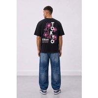 LONDON ATTITUDE Men's Tokyo City in Bloom Oversized Heavyweight Graphic T-Shirt in Black | Size: Medium