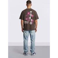 LONDON ATTITUDE Men's Tokyo City in Bloom Oversized Heavyweight Graphic T-Shirt in Chocolate | Size: Large