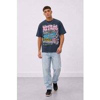 LONDON ATTITUDE Men's Retro Graphic Oversized Heavyweight Streetwear T-Shirt in Blue | Size: XL
