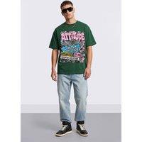 LONDON ATTITUDE Men's Retro Graphic Oversized Heavyweight Streetwear T-Shirt in Green | Size: Large