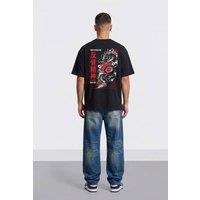 LONDON ATTITUDE Men's Tokyo After Dark Dragon Oversized Heavyweight Graphic T-Shirt in Black | Size: XL