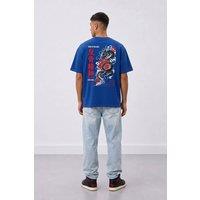 LONDON ATTITUDE Men's Tokyo After Dark Dragon Oversized Heavyweight Graphic T-Shirt in Royal | Size: Medium