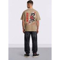 LONDON ATTITUDE Men's Tokyo After Dark Dragon Oversized Heavyweight Graphic T-Shirt in Light Sand | Size: XL