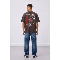 LONDON ATTITUDE Men's Tokyo After Dark Dragon Oversized Heavyweight Graphic T-Shirt in Chocolate | Size: Medium