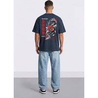 LONDON ATTITUDE Men's Tokyo After Dark Dragon Oversized Heavyweight Graphic T-Shirt in Blue | Size: Medium