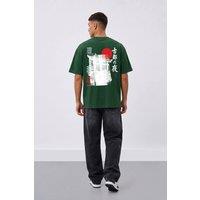 LONDON ATTITUDE Men's Kyoto After Dark Oversized Heavyweight Japanese Graphic T-Shirt in Green | Size: Large