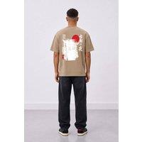 LONDON ATTITUDE Men's Kyoto After Dark Oversized Heavyweight Japanese Graphic T-Shirt in Light Sand | Size: 3XL