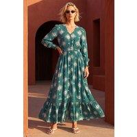 Roman Women's Floral Lace Trim Midi Dress in Emerald | Size: 10