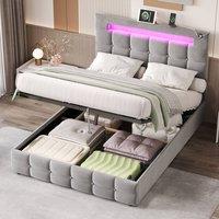 Merax 4ft6 Double Velvet Upholstered Ottoman Bed with LED & Charging Station in Grey