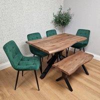 KOSY KOALA 6 Seater Rustic Brown Wood Effect Table, Green Chairs & Bench