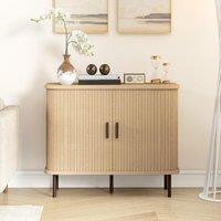 HOMCOM Sideboard Storage Cabinet with Slatted Tambour Sliding Doors Oak Tone in Natural