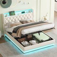 BTM Linen Ottoman Bed with Hydraulic Storage, LED Headboard & USB Ports in Beige | Size: Double