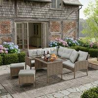Merax 6-7 Seater Garden Corner Sofa, Rattan Patio Set with Table & 2 Stools in Khaki