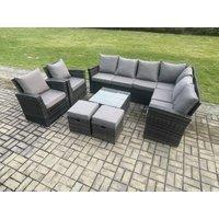 Fimous 10 Seat Rattan Garden Furniture Corner Sofa Set Outdoor Patio Sofa Table Set with 2 Small Footstools 2 Armchairs in Dark Grey