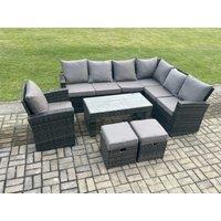 Fimous 9 Seat Rattan Garden Furniture Corner Sofa Set Outdoor Patio Sofa Table Set with 2 Small Footstools Armchair in Dark Grey