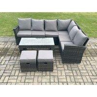 Fimous Rattan Garden Furniture Corner Sofa Set Outdoor Patio Sofa Table Set with 2 Small Footstools Dark Grey Mixed