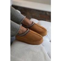 Where's That From Women's 'Freeze' Flatform Embroidered Low Ankle Slipper Boots in Tan | Size: 3
