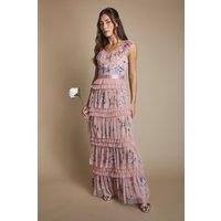 Coast Women's Embroidered Mesh Ruffle Pleat Maxi Bridesmaid Dress in Antique Rose | Size: 18