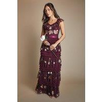 Coast Women's Embroidered Mesh Ruffle Pleat Maxi Bridesmaid Dress in Malbec | Size: 14