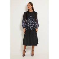 Wallis Women's Floral Placement Organza Midi Dress in Navy | Size: 18