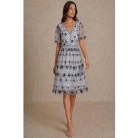 Chi Chi London Women's V Neck Floral Embroidered Lace Midi Dress in Blue | Size: 12