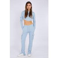 STYLEWISE Women's Loopback Cropped Zip Up Hoodie - Cargo Trousers Co-ord Set in Blue | Size: XS/S