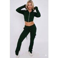 STYLEWISE Women's Loopback Cropped Zip Up Hoodie - Cargo Trousers Co-ord Set in Green | Size: S/M