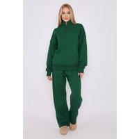 STYLEWISE Women's Fleece Half Zip Top - Wide Leg Jogger - Co-ord Set in Green | Size: S/M
