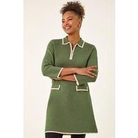 Roman Women's Contrast Zip Collared Knit Dress in Khaki | Size: 10