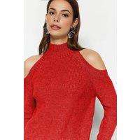 WOVCOR Women's Glittery Knit Sweater with Cut-Out Detail in Red | Size: Small