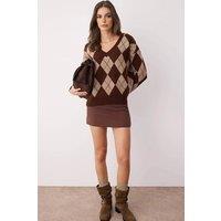 WOVCOR Women's V-Neck Argyle Knit Jumper in Brown | Size: Large