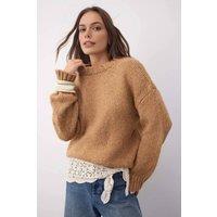 WOVCOR Women's Rib-Knit Relaxed Fit Crew Neck Jumper in Camel | Size: Medium