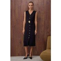 WOVCOR Women's Belted Button Front Midi Woven Dress with Pocket Detail in Black | Size: 8