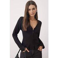 WOVCOR Women's V Neck Zip Front Long Sleeve Knitted Blouse in Black | Size: XL