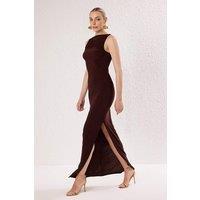 WOVCOR Women's Gathered Neck Knitted Maxi Evening Dress in Brown | Size: 12