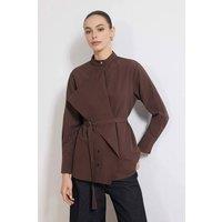 WOVCOR Women's Belted Stand Collar Long Sleeve Cotton Woven Shirt in Brown | Size: 12