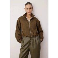WOVCOR Women's Faux Suede Zip Front Relaxed Fit Jacket in Khaki | Size: Large