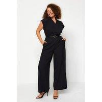 WOVCOR Women's V-Neck Wide Leg Woven Jumpsuit with Belt Detail in Black | Size: 18