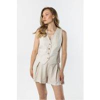 Love Lace Women's Tailored Linen V Neck Vest with Button in Beige | Size: Large