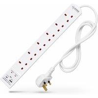 Desiretech 6 Gang Extension Lead, 3 Metre Cable, Surge Protection & 2 USB Ports in White