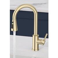 JANLEMNY Brushed Gold Kitchen Mixer Tap - Pull-Out Sprayer, 3 Functions | Size: 1000mm x 400mm