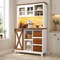 STILVORA Tall Kitchen Cabinet with LED Lighting & Sliding Door in White
