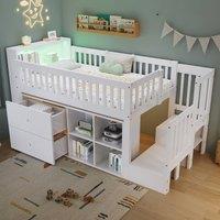 ModernLuxe Wooden single loft bed with LED storage headboard, drawers & ladder in White