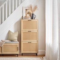 SoBuy Slim Shoe Cabinet - Rattan Doors & 6 Shelves - Modern Scandi in Light Oak | Size: 0.6m2