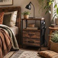 Wyld Haus Yoroma Rustic Brown Bedside Table Built In Charging Ports & Fabric