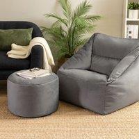 icon Natalia Velvet Armchair & Milano Round Footstool Bean Bag Pouffe in Charcoal