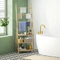 HOMCOM 3-Tier Folding Bamboo Bathroom Storage Shelving Unit with Towel Bars in Natural