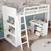 Matteo Wooden Bed, Teenage Bed, 4-Step Ladder, Desk With 4 Drawers, 3 Rows Of Shelves Under The Lower Bunk in White | Size: Double